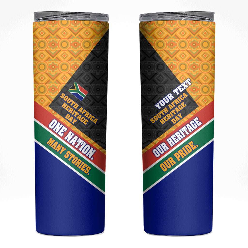 Personalized South Africa Heritage Day Skinny Tumbler One Nation Many Stories Geometric Flag Pattern