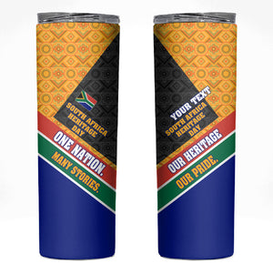 Personalized South Africa Heritage Day Skinny Tumbler One Nation Many Stories Geometric Flag Pattern