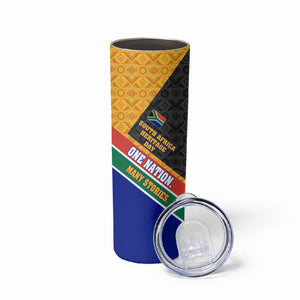 Personalized South Africa Heritage Day Skinny Tumbler One Nation Many Stories Geometric Flag Pattern