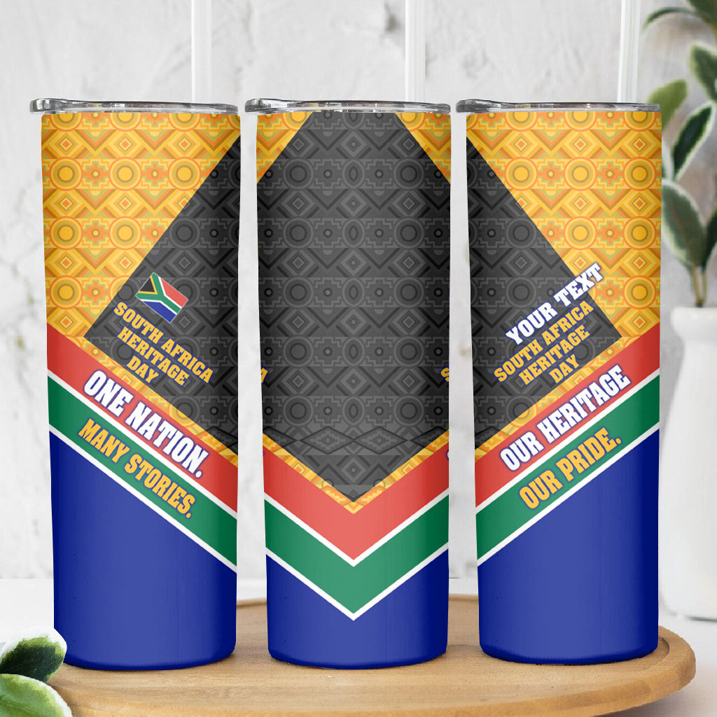 Personalized South Africa Heritage Day Skinny Tumbler One Nation Many Stories Geometric Flag Pattern