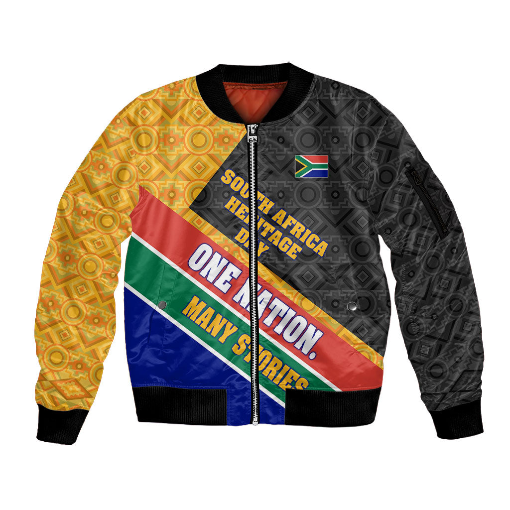Personalized South Africa Heritage Day Sleeve Zip Bomber Jacket One Nation Many Stories Geometric Flag Pattern