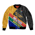 Personalized South Africa Heritage Day Sleeve Zip Bomber Jacket One Nation Many Stories Geometric Flag Pattern