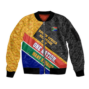 Personalized South Africa Heritage Day Sleeve Zip Bomber Jacket One Nation Many Stories Geometric Flag Pattern