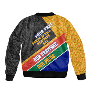 Personalized South Africa Heritage Day Sleeve Zip Bomber Jacket One Nation Many Stories Geometric Flag Pattern