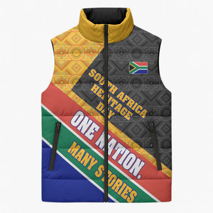 Personalized South Africa Heritage Day Sleeveless Puffer Jacket One Nation Many Stories Geometric Flag Pattern