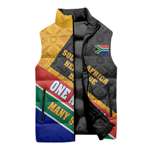 Personalized South Africa Heritage Day Sleeveless Puffer Jacket One Nation Many Stories Geometric Flag Pattern