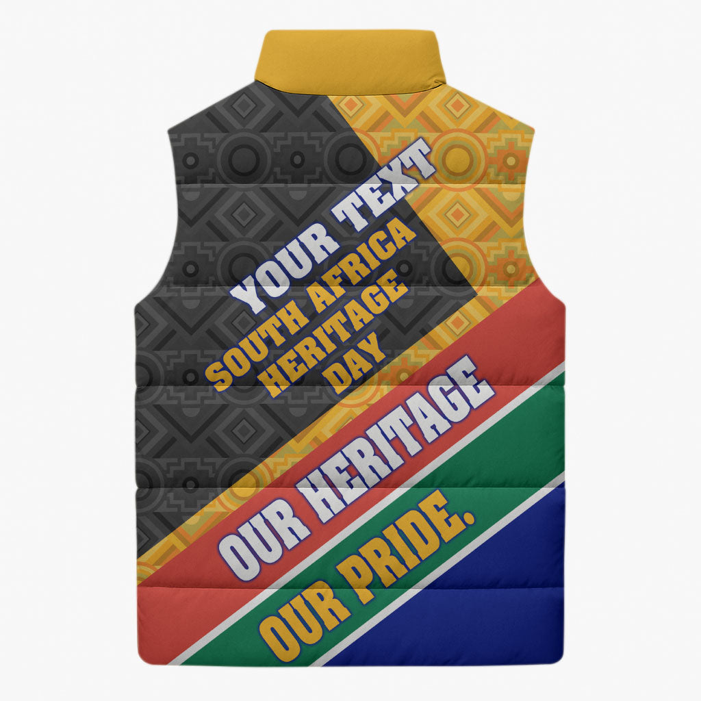 Personalized South Africa Heritage Day Sleeveless Puffer Jacket One Nation Many Stories Geometric Flag Pattern