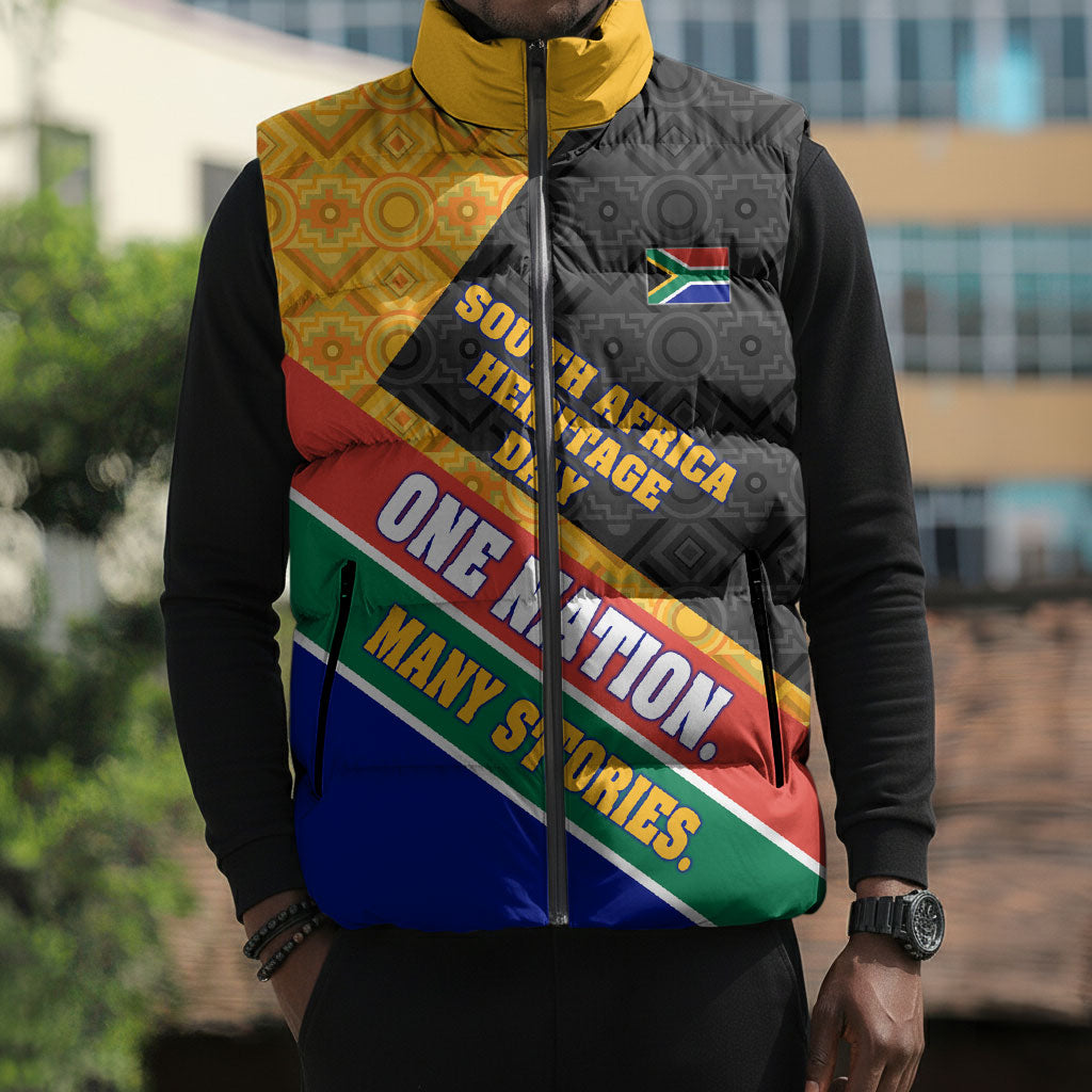 Personalized South Africa Heritage Day Sleeveless Puffer Jacket One Nation Many Stories Geometric Flag Pattern