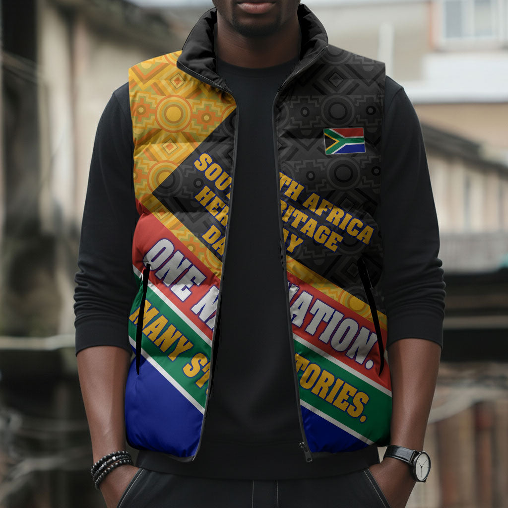 Personalized South Africa Heritage Day Sleeveless Puffer Jacket One Nation Many Stories Geometric Flag Pattern