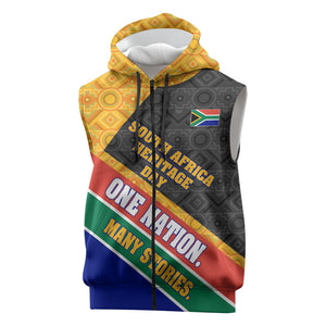 Personalized South Africa Heritage Day Sleeveless Zip Hoodie One Nation Many Stories Geometric Flag Pattern