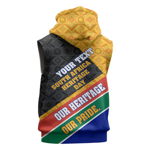 Personalized South Africa Heritage Day Sleeveless Zip Hoodie One Nation Many Stories Geometric Flag Pattern