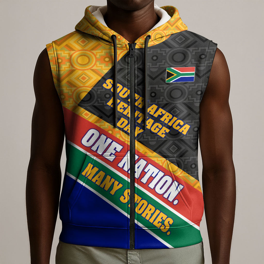 Personalized South Africa Heritage Day Sleeveless Zip Hoodie One Nation Many Stories Geometric Flag Pattern