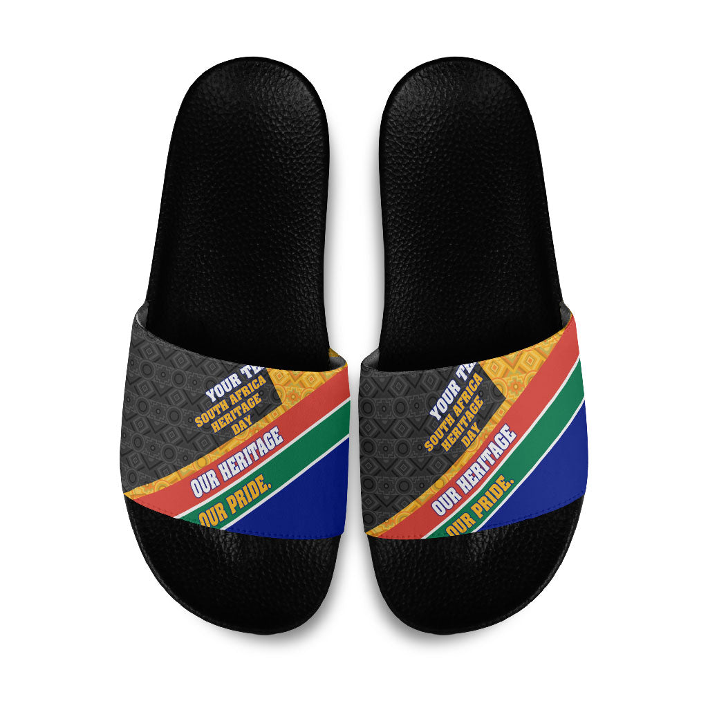Personalized South Africa Heritage Day Slide Sandals One Nation Many Stories Geometric Flag Pattern