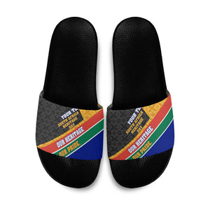 Personalized South Africa Heritage Day Slide Sandals One Nation Many Stories Geometric Flag Pattern