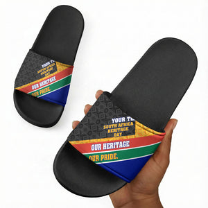Personalized South Africa Heritage Day Slide Sandals One Nation Many Stories Geometric Flag Pattern