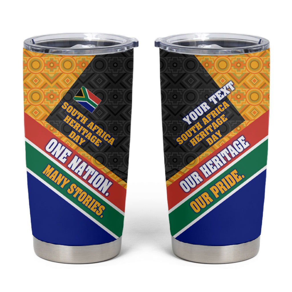 Personalized South Africa Heritage Day Tumbler Cup One Nation Many Stories Geometric Flag Pattern