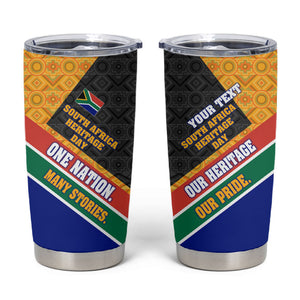 Personalized South Africa Heritage Day Tumbler Cup One Nation Many Stories Geometric Flag Pattern
