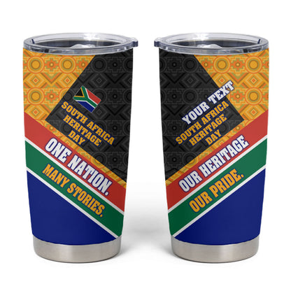 Personalized South Africa Heritage Day Tumbler Cup One Nation Many Stories Geometric Flag Pattern