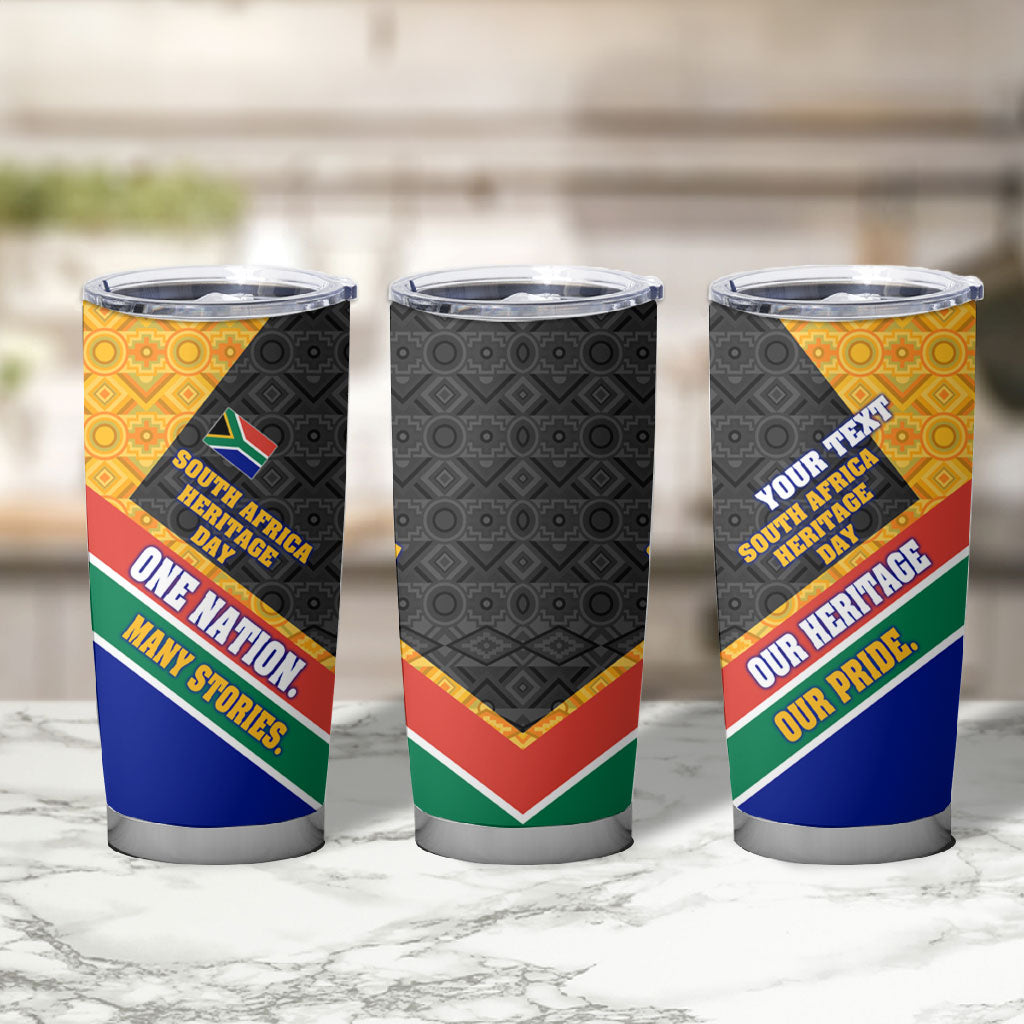 Personalized South Africa Heritage Day Tumbler Cup One Nation Many Stories Geometric Flag Pattern