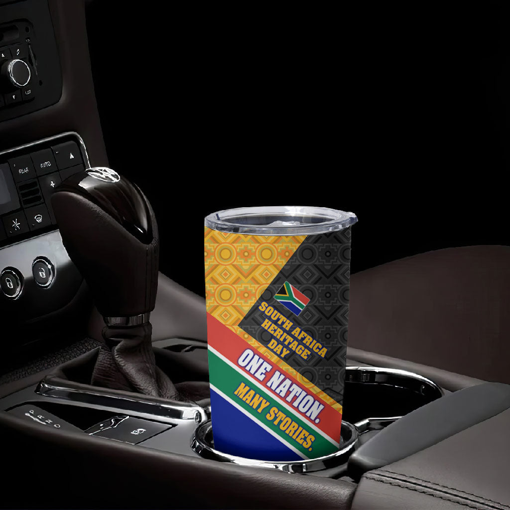Personalized South Africa Heritage Day Tumbler Cup One Nation Many Stories Geometric Flag Pattern