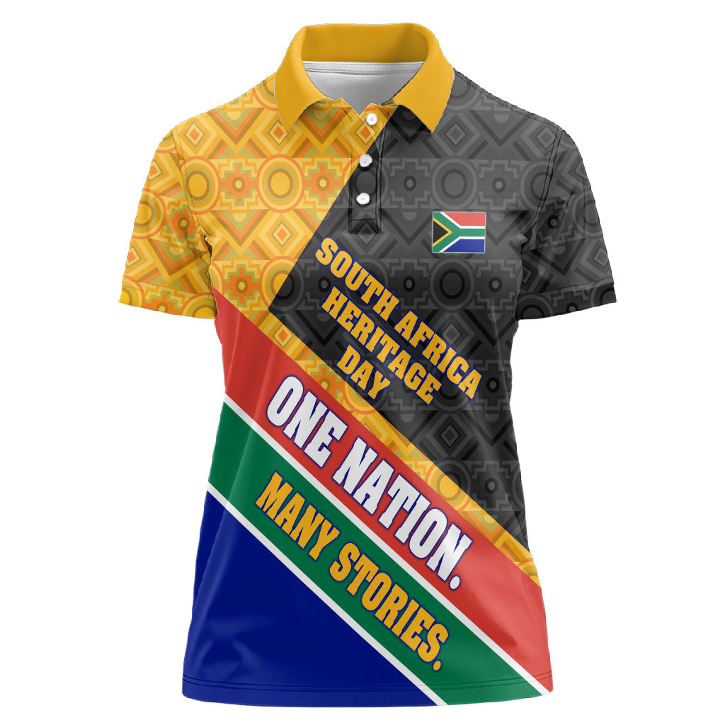 Personalized South Africa Heritage Day Women Polo Shirt One Nation Many Stories Geometric Flag Pattern
