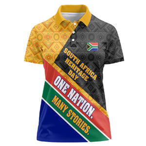 Personalized South Africa Heritage Day Women Polo Shirt One Nation Many Stories Geometric Flag Pattern