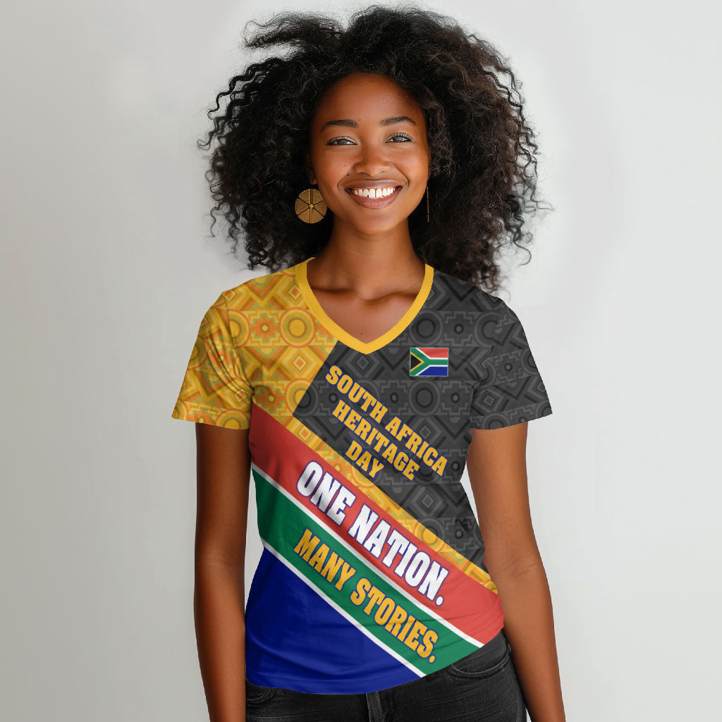 Personalized South Africa Heritage Day Women V-Neck T-Shirt One Nation Many Stories Geometric Flag Pattern