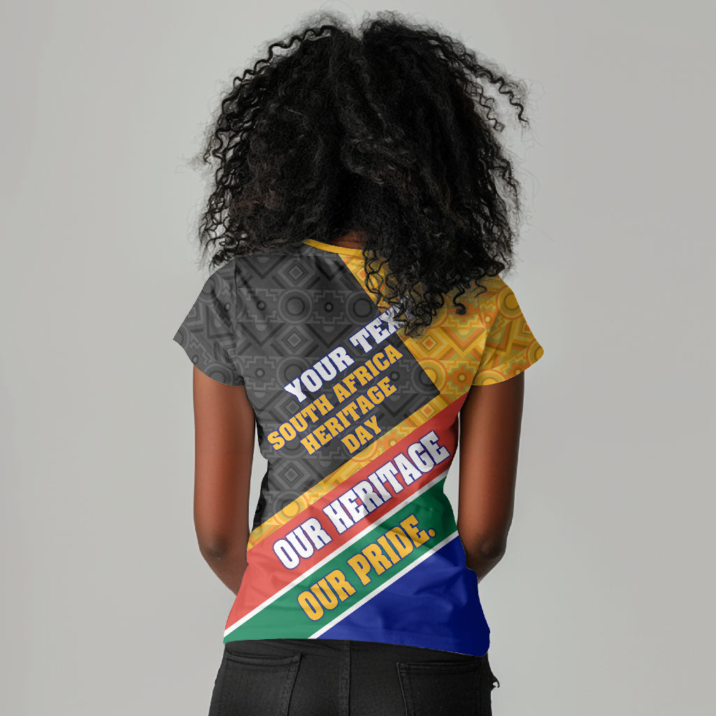 Personalized South Africa Heritage Day Women V-Neck T-Shirt One Nation Many Stories Geometric Flag Pattern