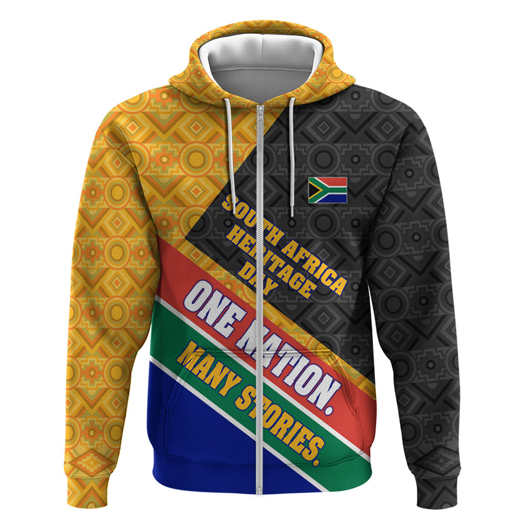 Personalized South Africa Heritage Day Zip Hoodie One Nation Many Stories Geometric Flag Pattern