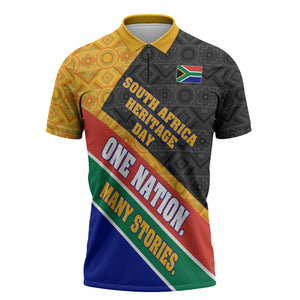 Personalized South Africa Heritage Day Zipper Polo Shirt One Nation Many Stories Geometric Flag Pattern