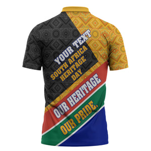 Personalized South Africa Heritage Day Zipper Polo Shirt One Nation Many Stories Geometric Flag Pattern