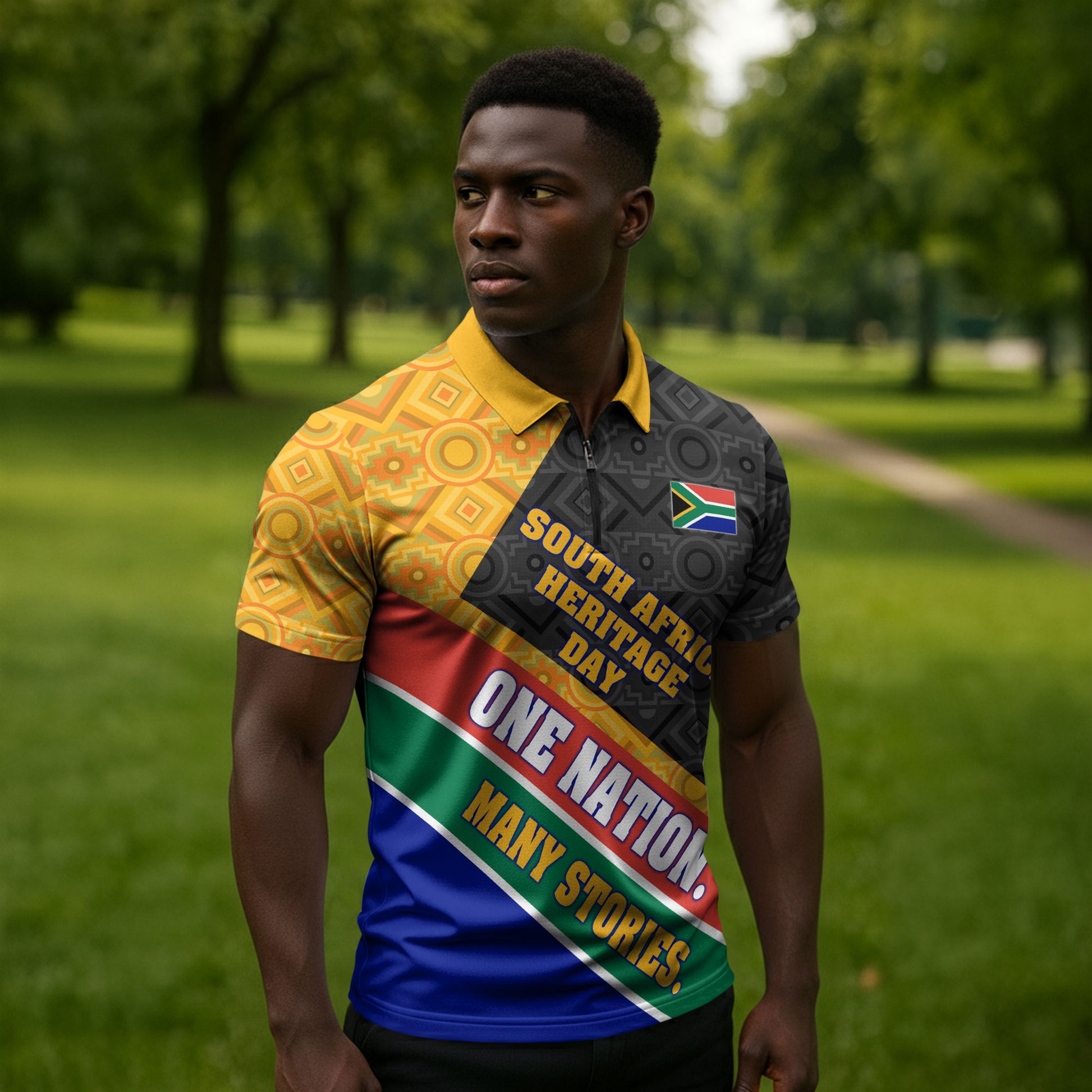 Personalized South Africa Heritage Day Zipper Polo Shirt One Nation Many Stories Geometric Flag Pattern