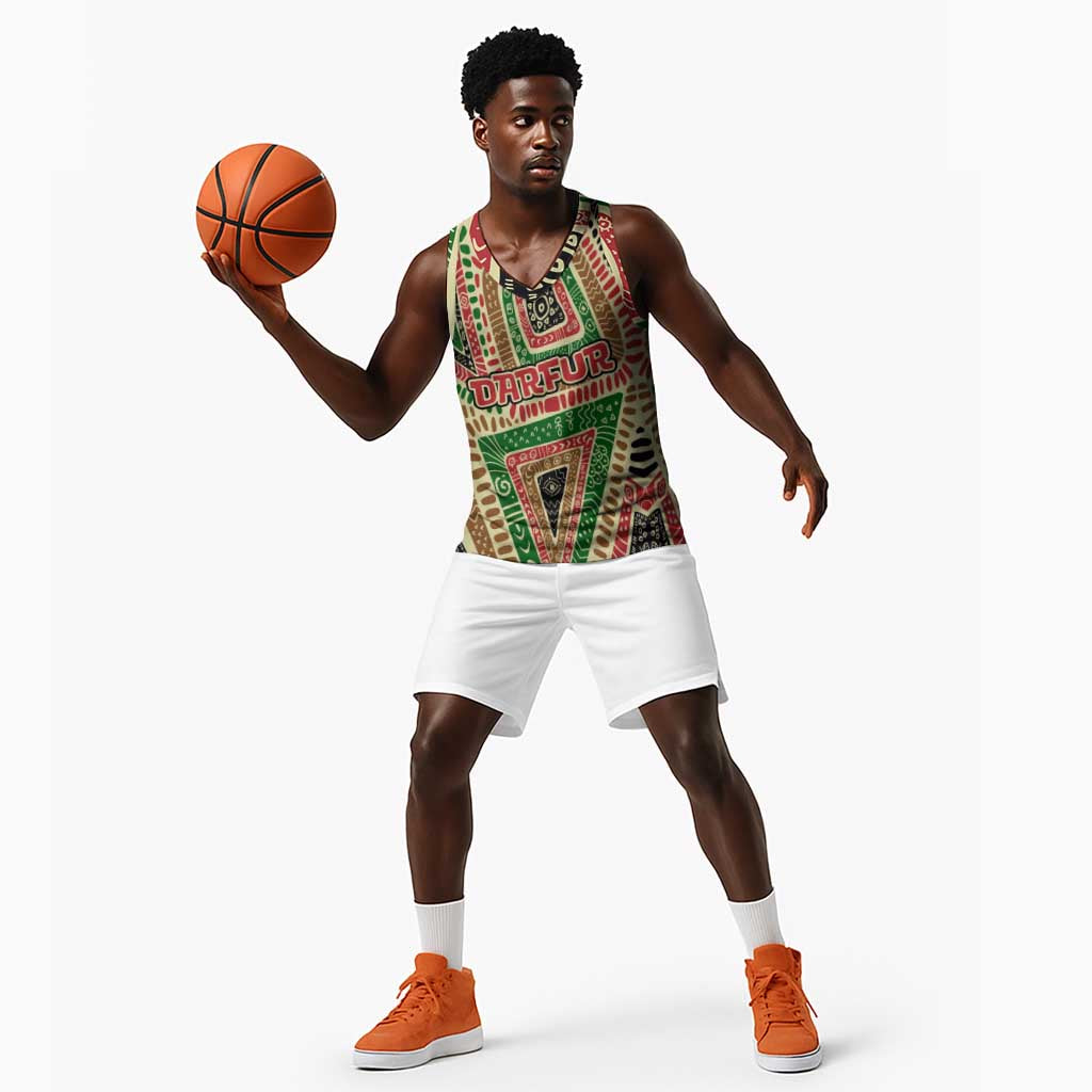 Darfur Sudan Basketball Jersey Red Green Beige Tribal Pattern - African Pride