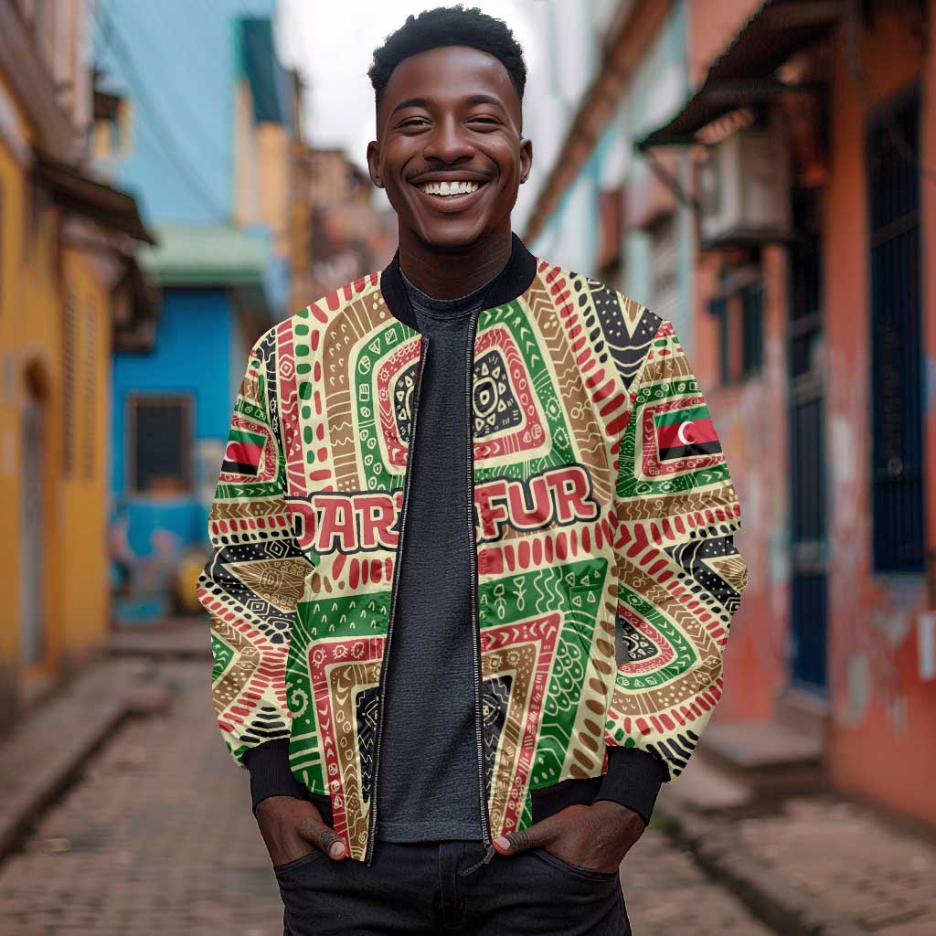 Darfur Sudan Bomber Jacket Red Green Beige Tribal Pattern - African Pride