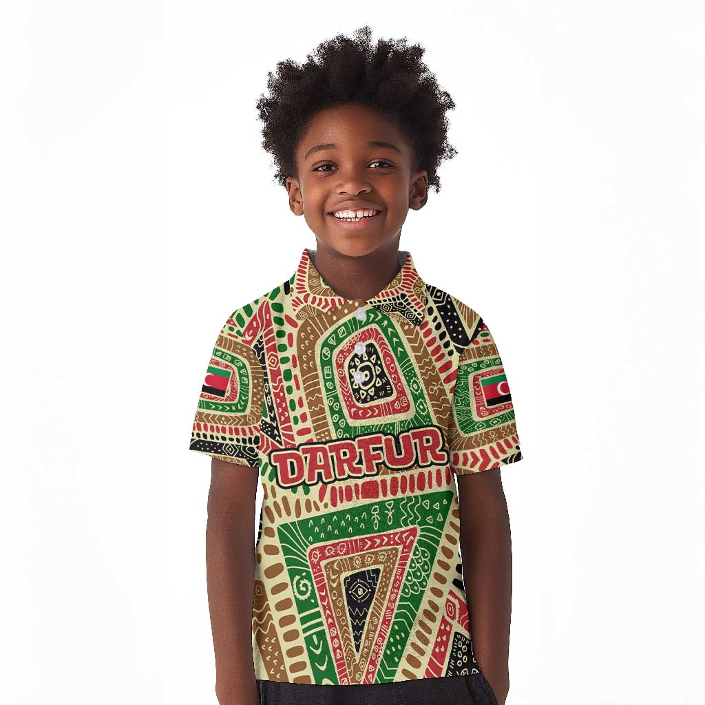 Darfur Sudan Kid Polo Shirt Red Green Beige Tribal Pattern - African Pride