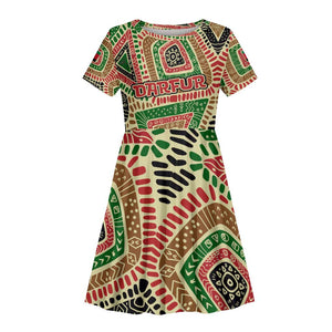 Darfur Sudan Kid Short Sleeve Dress Red Green Beige Tribal Pattern - African Pride