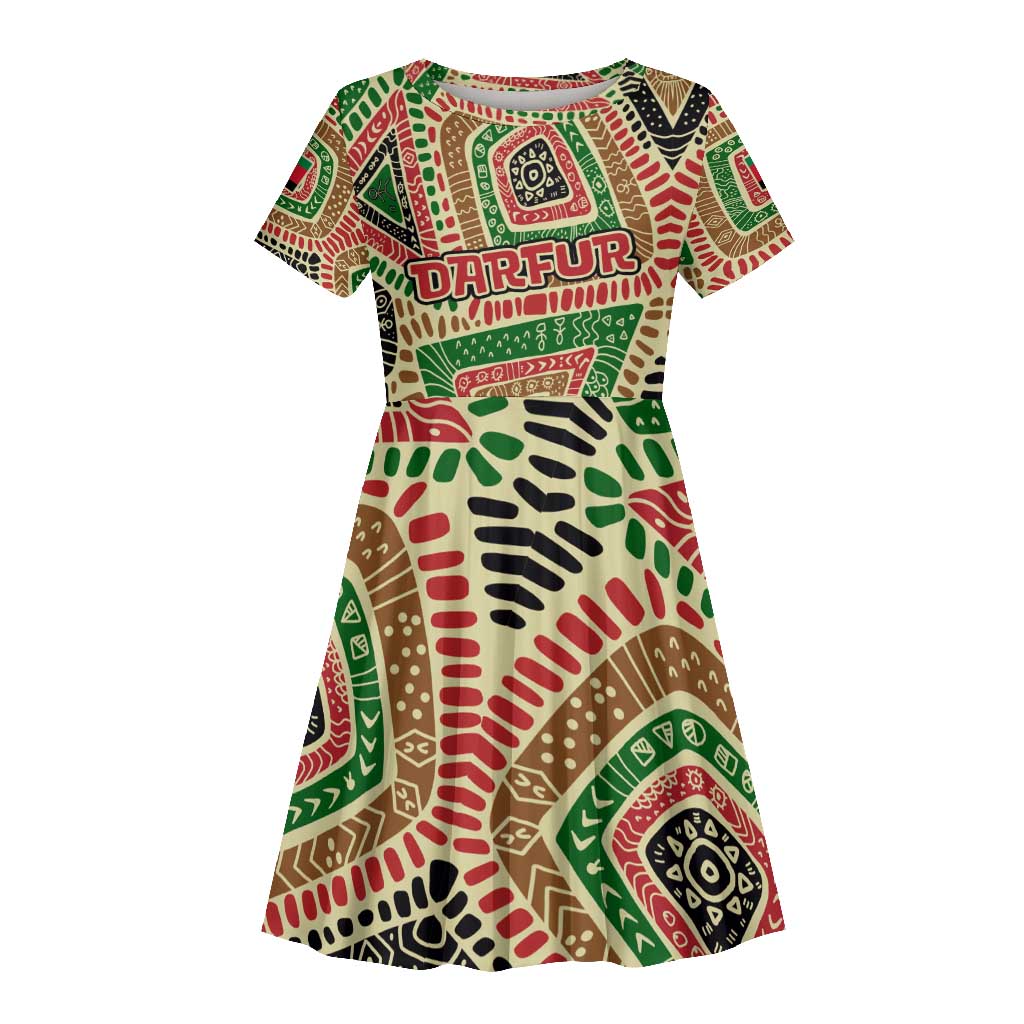 Darfur Sudan Kid Short Sleeve Dress Red Green Beige Tribal Pattern - African Pride