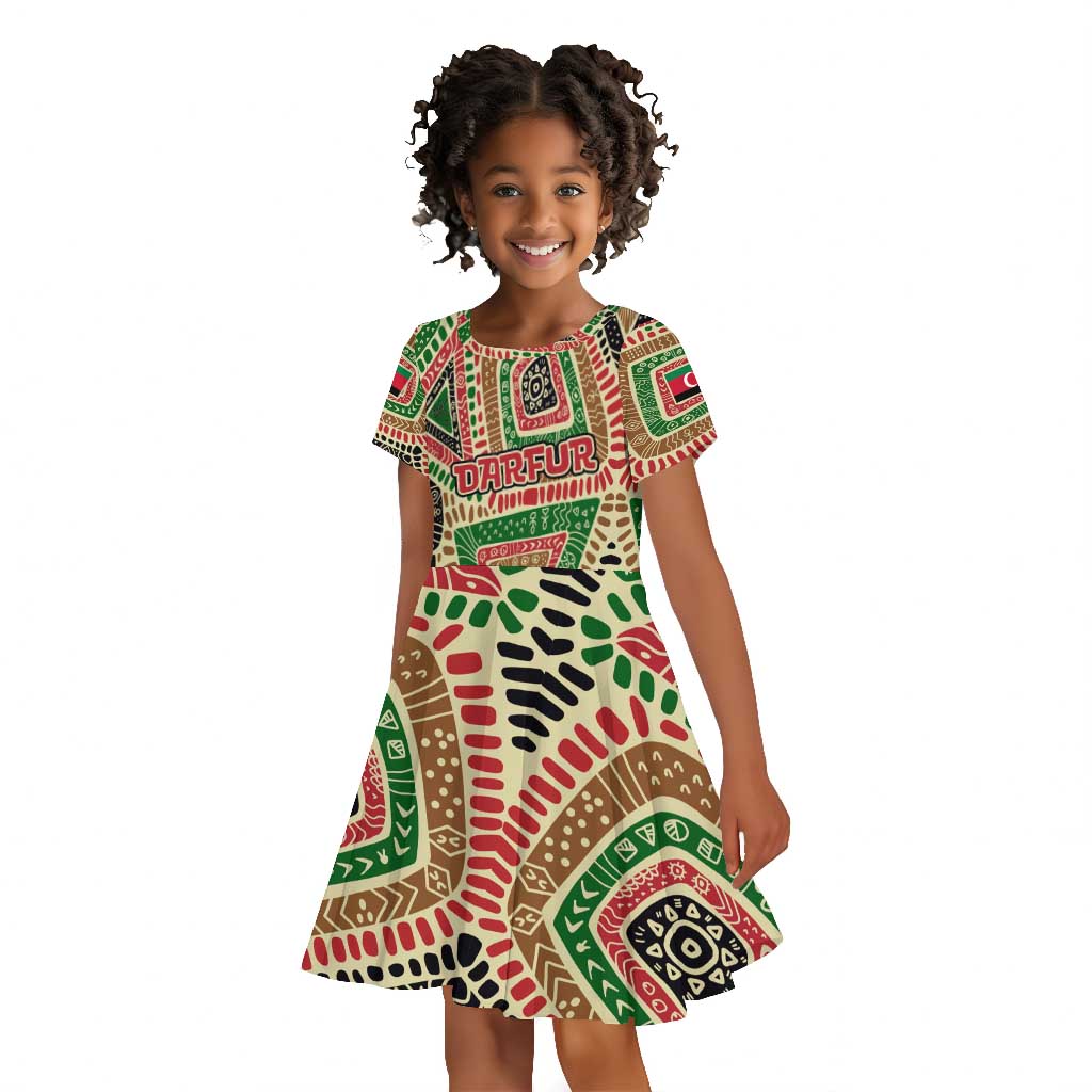 Darfur Sudan Kid Short Sleeve Dress Red Green Beige Tribal Pattern - African Pride