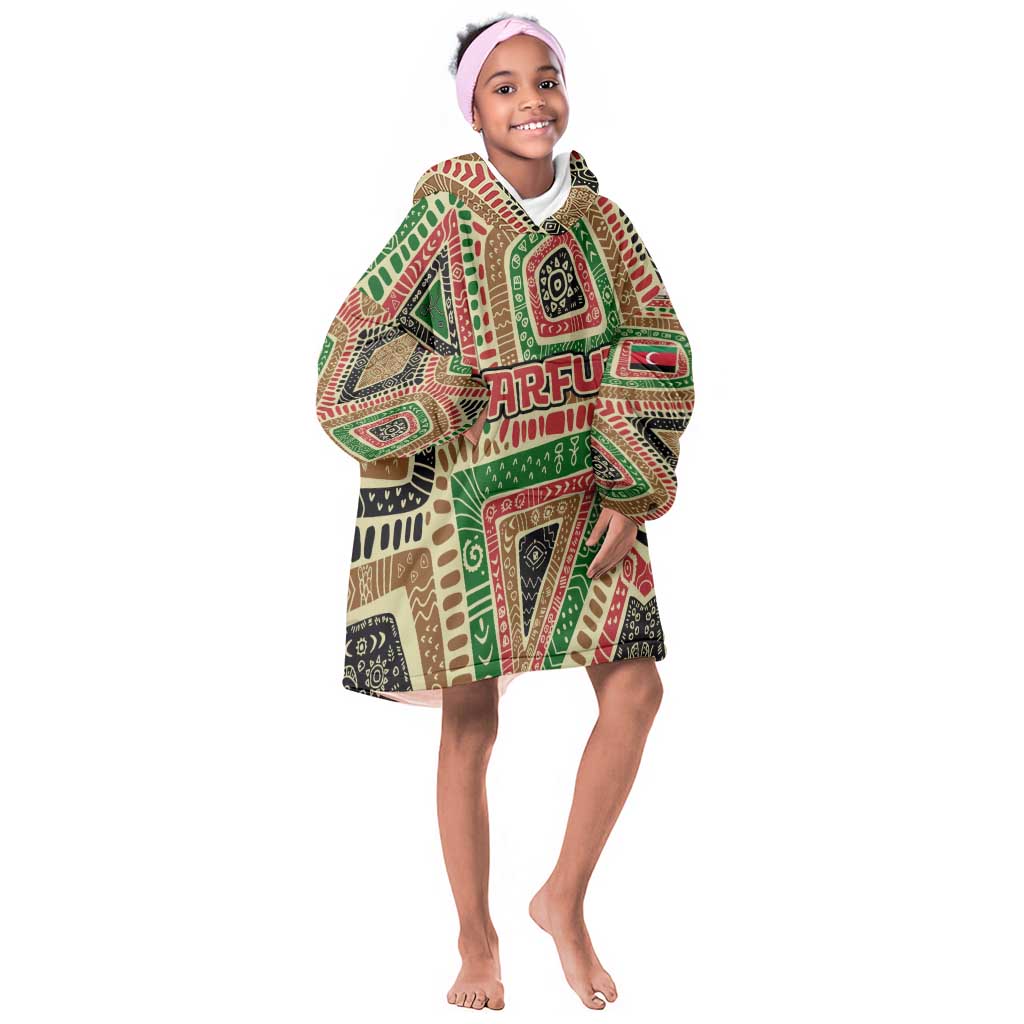 Darfur Sudan Kid Wearable Blanket Hoodie Red Green Beige Tribal Pattern - African Pride