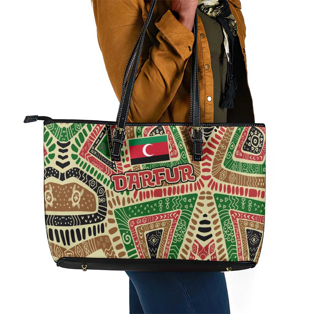 Darfur Sudan Leather Tote Bag Red Green Beige Tribal Pattern - African Pride