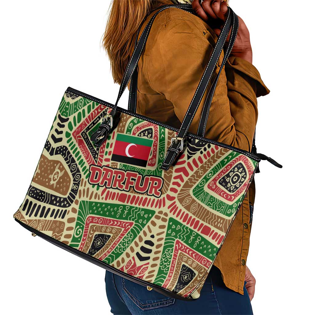 Darfur Sudan Leather Tote Bag Red Green Beige Tribal Pattern - African Pride