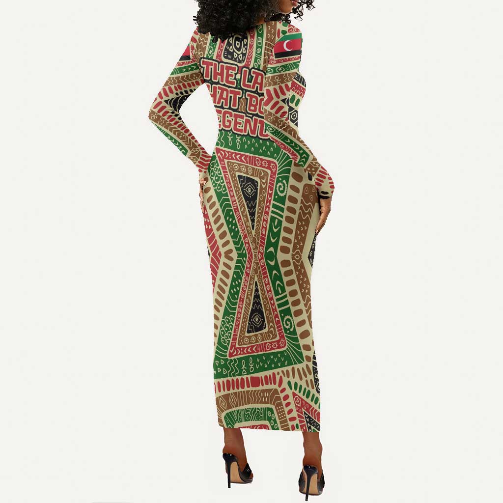 Darfur Sudan Long Sleeve Bodycon Dress Red Green Beige Tribal Pattern - African Pride
