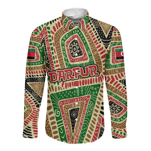 Darfur Sudan Long Sleeve Button Shirt Red Green Beige Tribal Pattern - African Pride