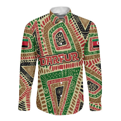 Darfur Sudan Long Sleeve Button Shirt Red Green Beige Tribal Pattern - African Pride