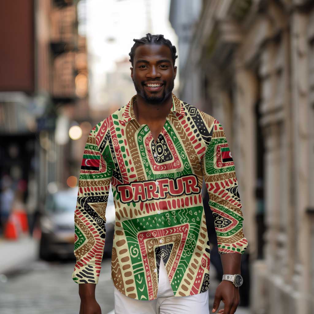 Darfur Sudan Long Sleeve Button Shirt Red Green Beige Tribal Pattern - African Pride
