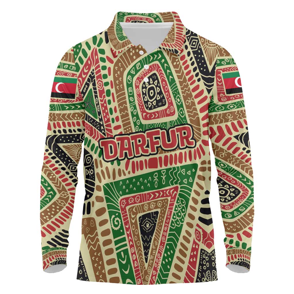 Darfur Sudan Long Sleeve Polo Shirt Red Green Beige Tribal Pattern - African Pride