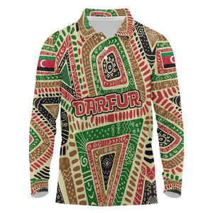 Darfur Sudan Long Sleeve Polo Shirt Red Green Beige Tribal Pattern - African Pride