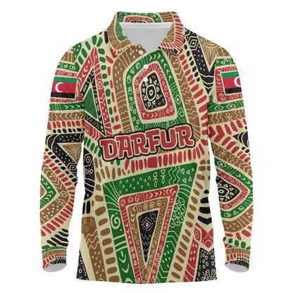 Darfur Sudan Long Sleeve Polo Shirt Red Green Beige Tribal Pattern - African Pride