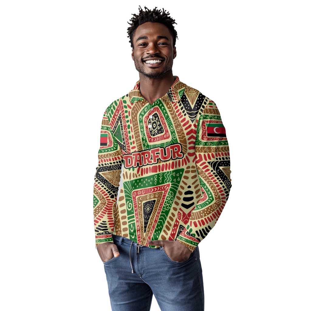 Darfur Sudan Long Sleeve Polo Shirt Red Green Beige Tribal Pattern - African Pride