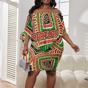 Darfur Sudan Off Shoulder Short Dress Red Green Beige Tribal Pattern - African Pride